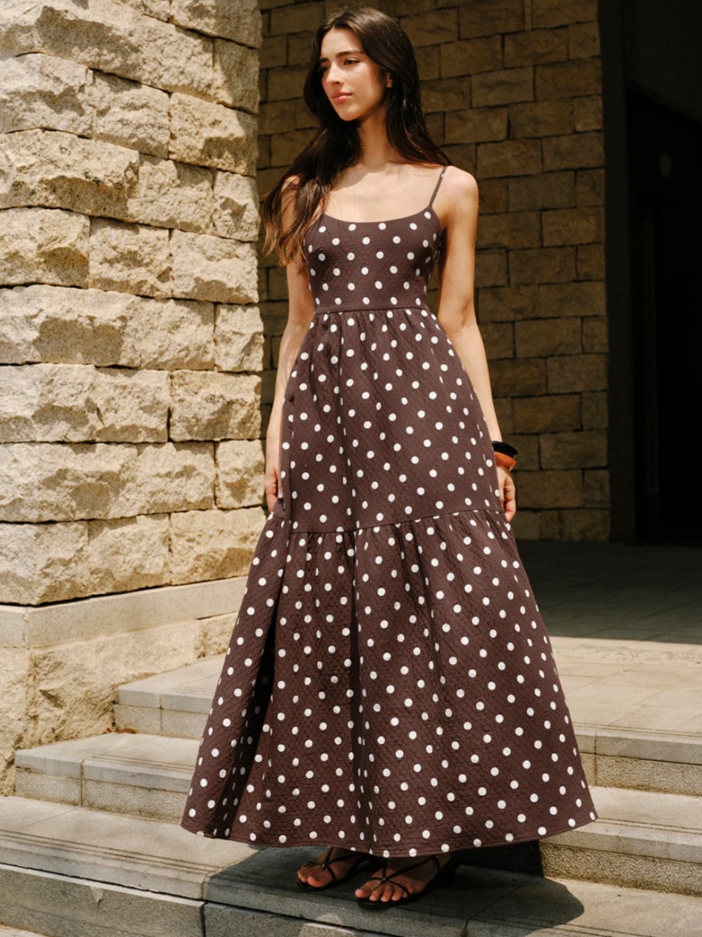 Commence Polka Dot Brown Maxi Dress with open back